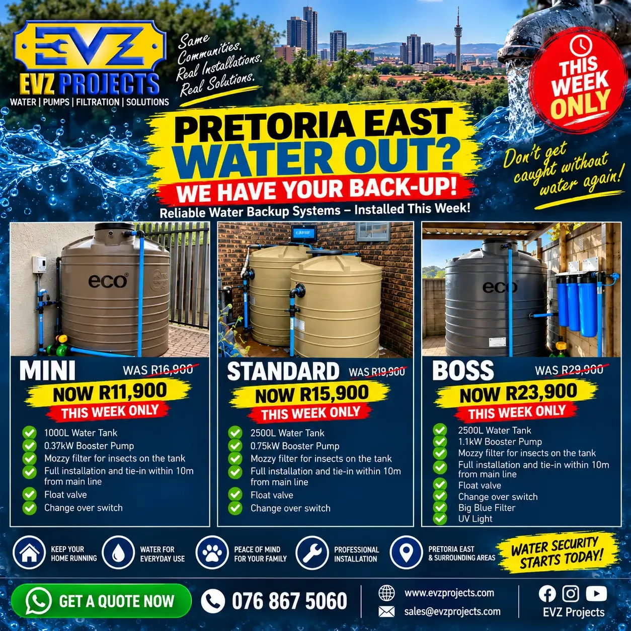 EVZ Projects water backup packages — Mini, Standard and Boss with tank, booster pump and filtration