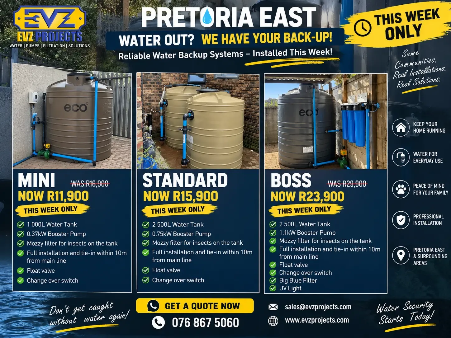 EVZ Projects real water backup installations in Pretoria East homes