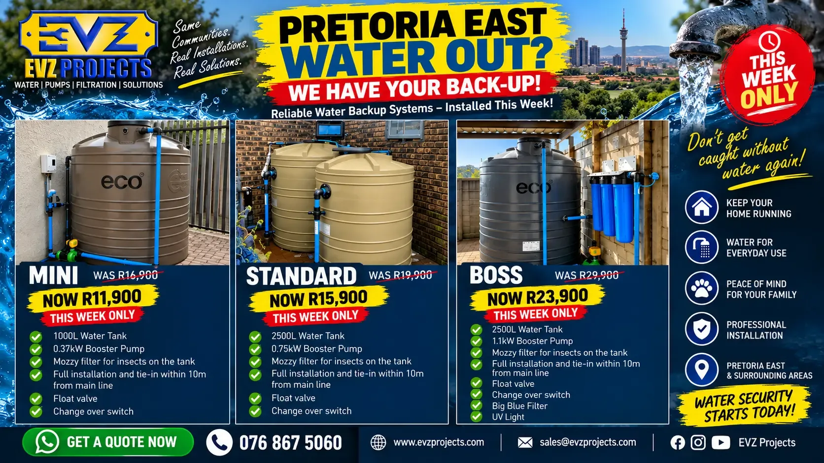 EVZ Projects Pretoria East water backup specials — Mini R11,900, Standard R15,900, Boss R23,900, this week only