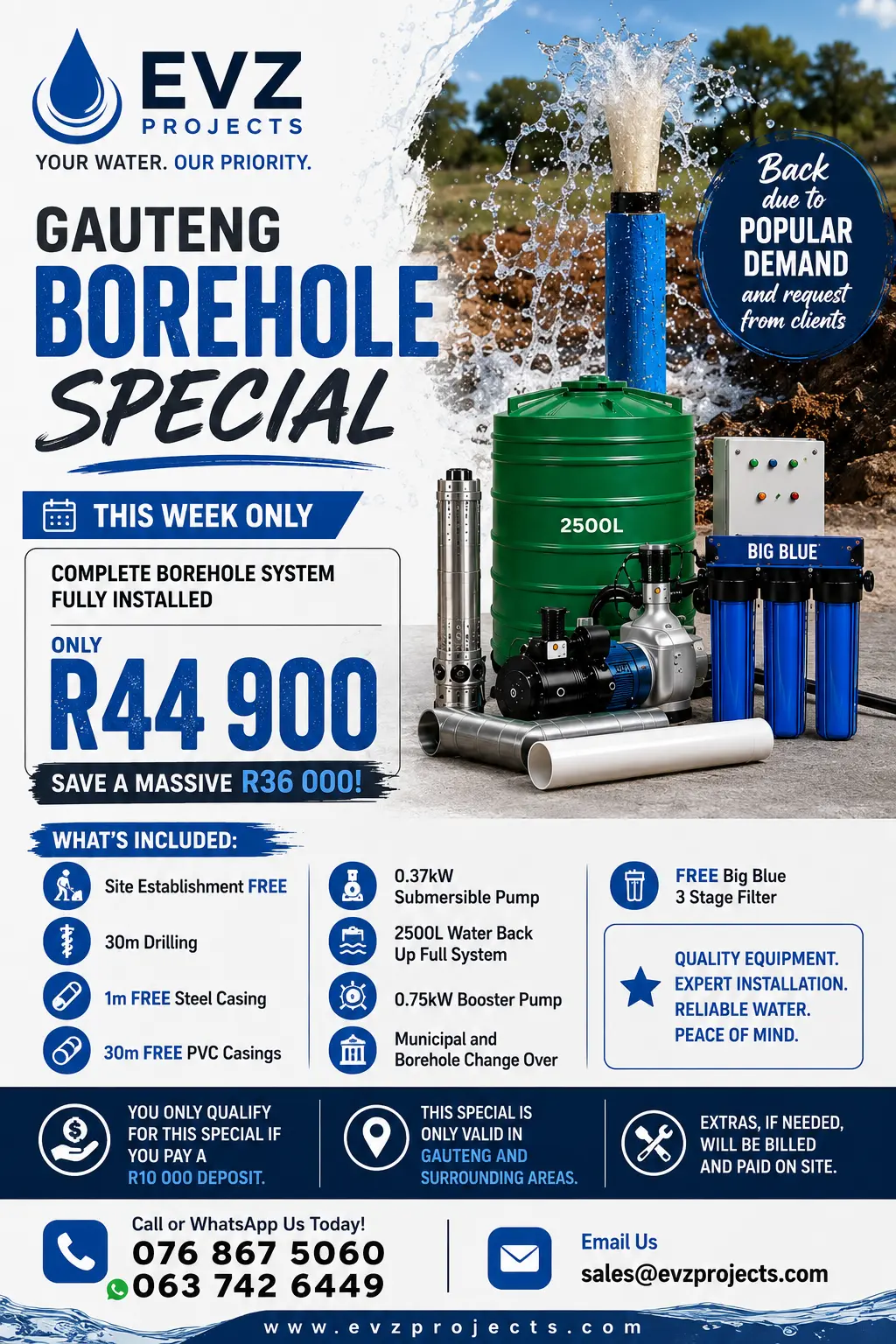 EVZ Projects Gauteng 30m borehole package details and inclusions